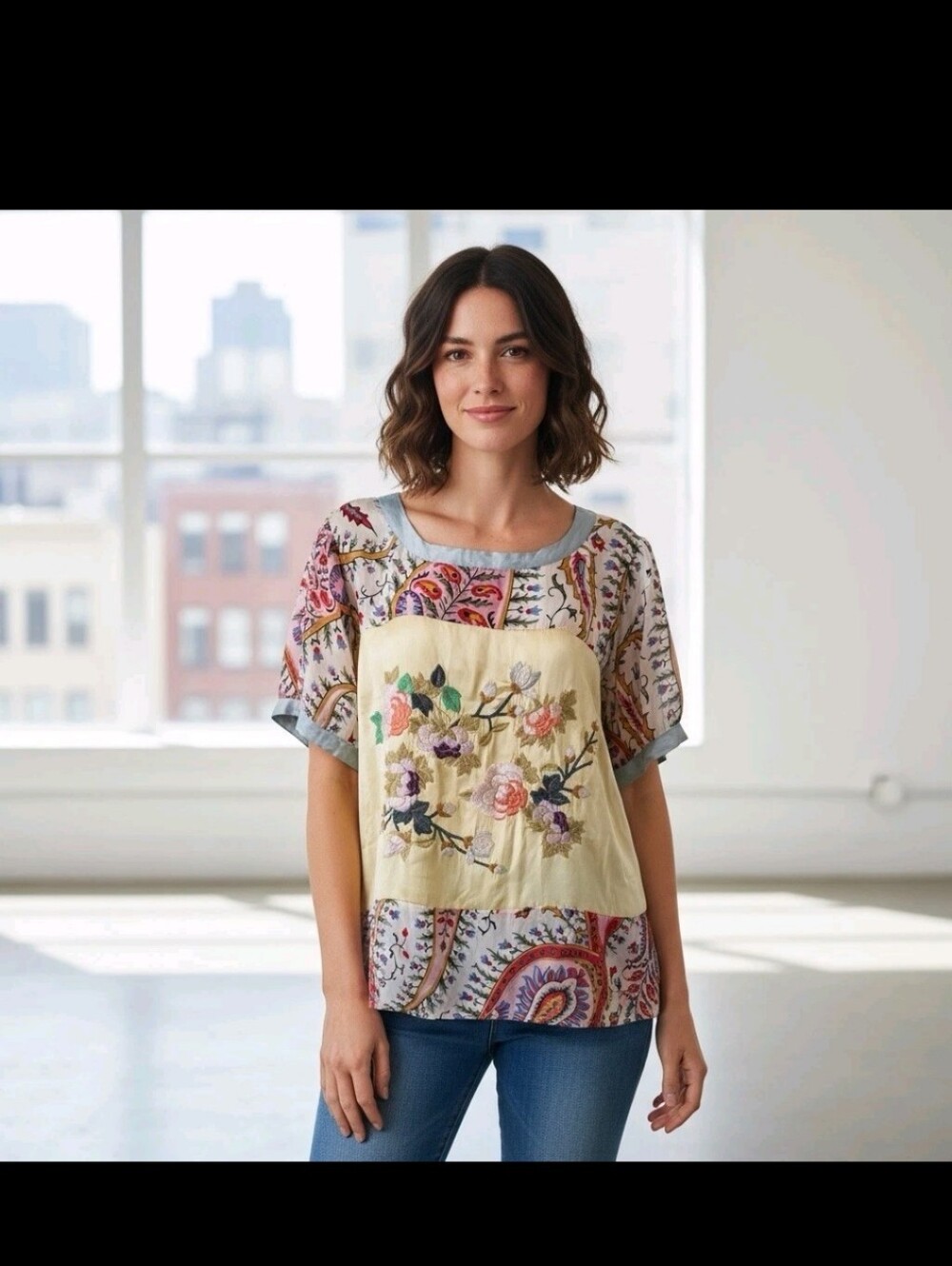 Embroidered Patchwork Floral Short-Sleeve Top - Yellow Multi
